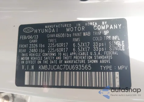 2013 Hyundai Tucson Gls z USA, uszkodzony, nr VIN KM8JUCAC7DU693565